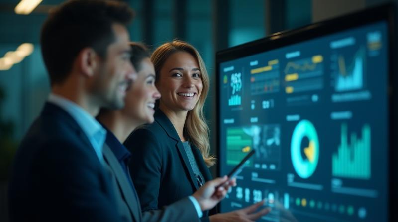 Confident professionals collaborating with digital finance dashboard